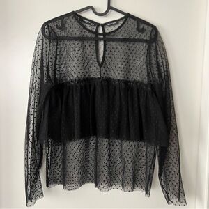 Reserved Black Sheer Blouse with Ruffle Detail